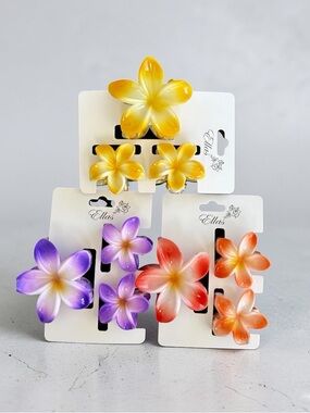 9 Pc Tropical Flower Hair Clips Sets | 3 Colors, Plumeria Floral Clips Bundle